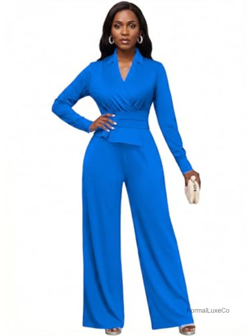 Elegant V-Neck Peplum Jumpsuit Long Sleeve Wide Leg Formal